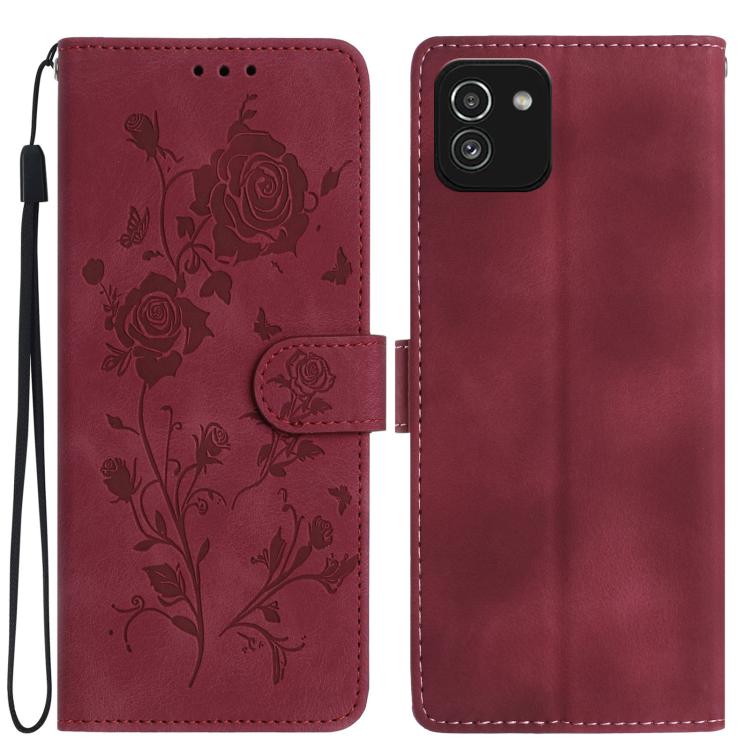 Funda de cuero con estampado floral en relieve para Samsung Galaxy A03 (roja)