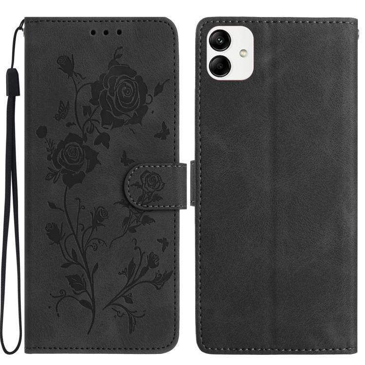 Funda de cuero con estampado de rosas en relieve para Samsung Galaxy A04 (negra)