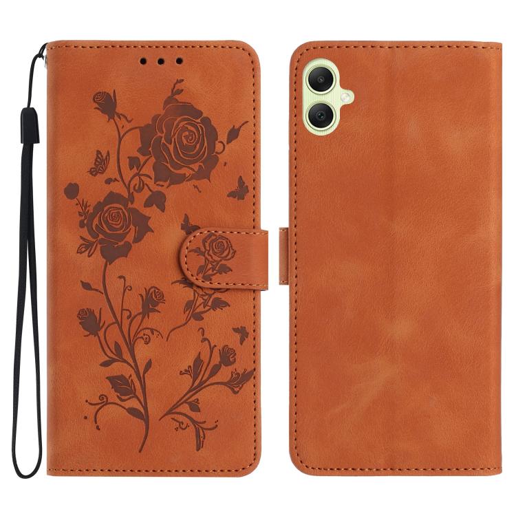 Funda de cuero con estampado de rosas en relieve para Samsung Galaxy A05 (marrón)