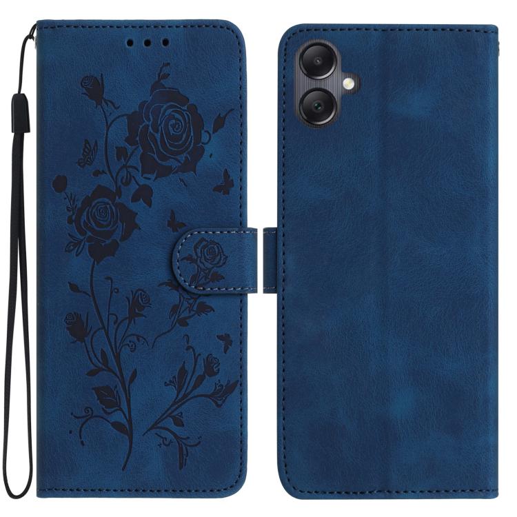 Funda de cuero con estampado floral en relieve para Samsung Galaxy A06 (azul oscuro)