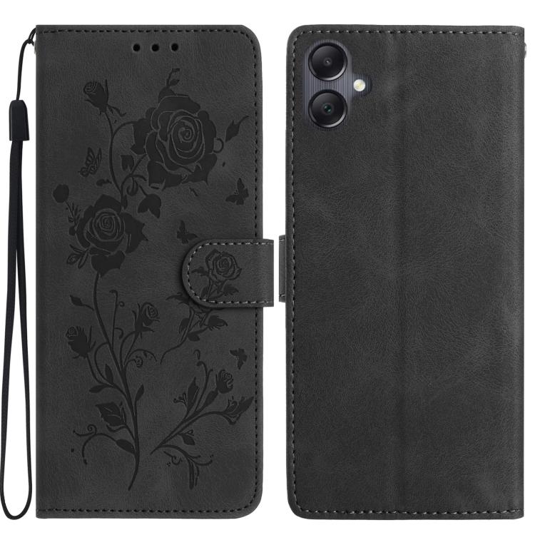 Funda de cuero con estampado floral en relieve para Samsung Galaxy A06 (negra)