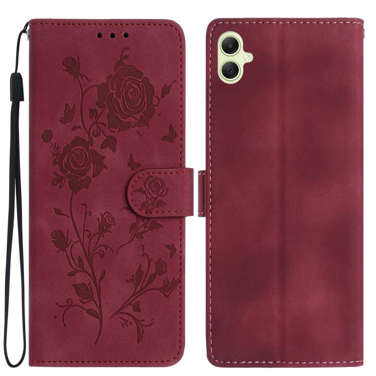 Funda de cuero con estampado de rosas en relieve para Samsung Galaxy A06 (roja)