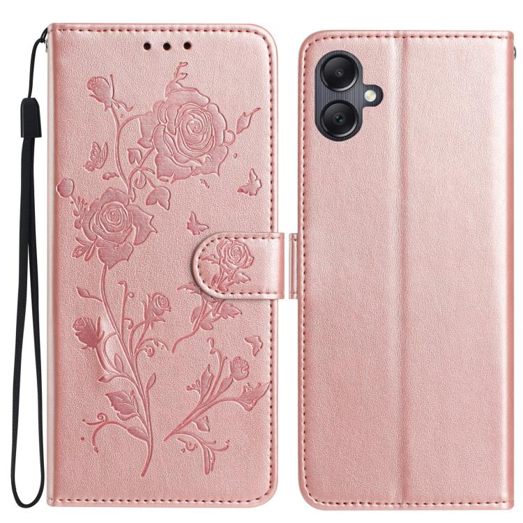 Funda de cuero con estampado floral en relieve para Samsung Galaxy A07 (oro rosa)