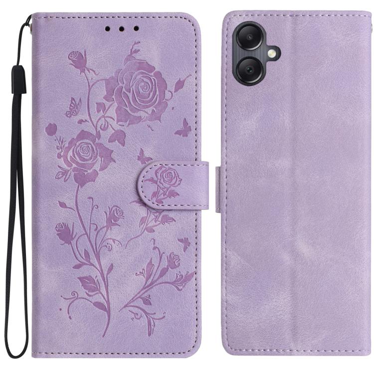 Funda de cuero con estampado de rosas en relieve para Samsung Galaxy A07 (morado claro)