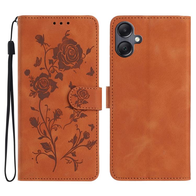 Funda de cuero con estampado de rosas en relieve para Samsung Galaxy A07 (marrón)
