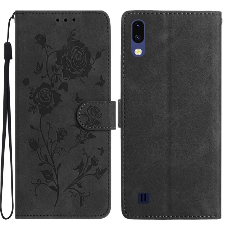 Funda de cuero con estampado de rosas en relieve para Samsung Galaxy A10/M10 (negra)