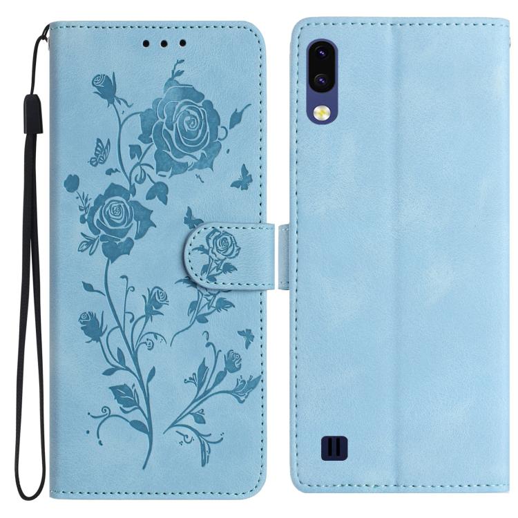 Funda de piel con estampado floral en relieve para Samsung Galaxy A10/M10 (azul cielo)