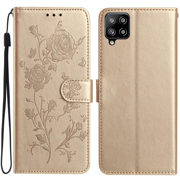 Funda de piel con estampado floral en relieve para Samsung Galaxy A12 (dorada)