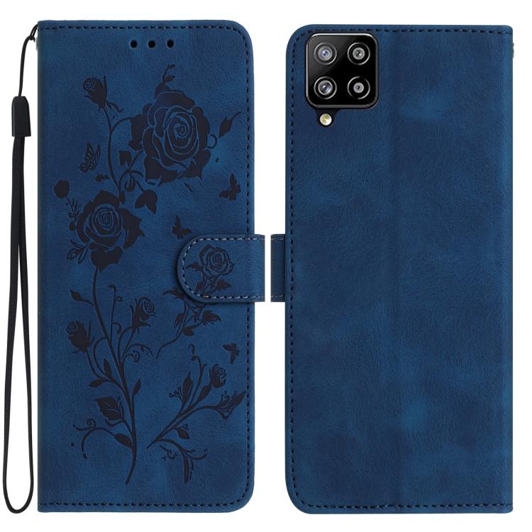 Funda de piel con estampado floral en relieve para Samsung Galaxy A12 (azul oscuro)
