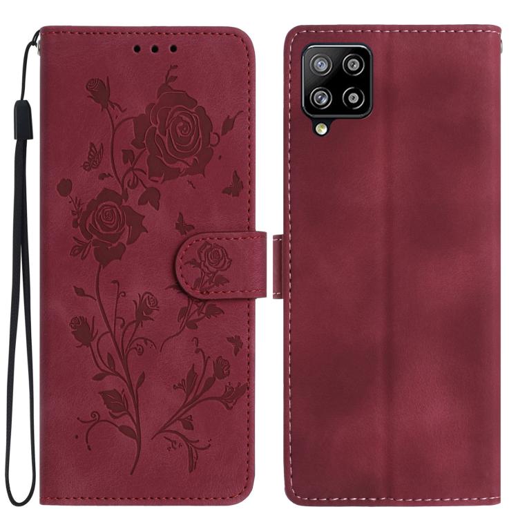 Funda de cuero con estampado floral en relieve para Samsung Galaxy A12 (roja)