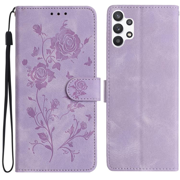 Funda de cuero con estampado floral en relieve para Samsung Galaxy A13 4G (morado claro)