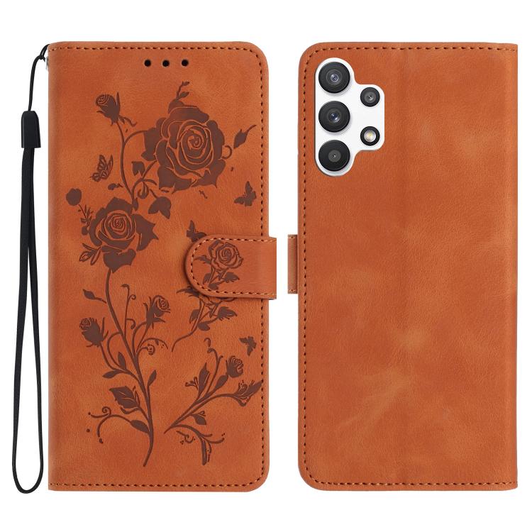 Funda de cuero con estampado de rosas en relieve para Samsung Galaxy A13 4G (marrón)