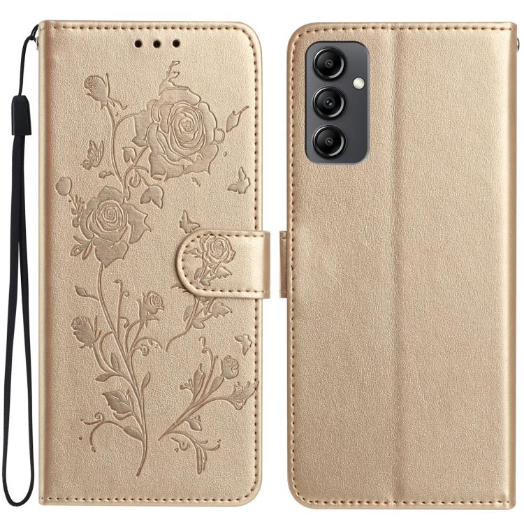 Funda de cuero con estampado de rosas en relieve para Samsung Galaxy A14 (dorada)