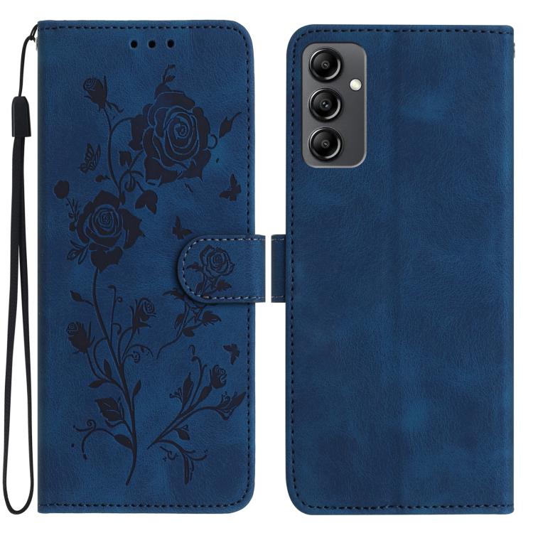 Funda de piel con estampado floral en relieve para Samsung Galaxy A14 (azul oscuro)