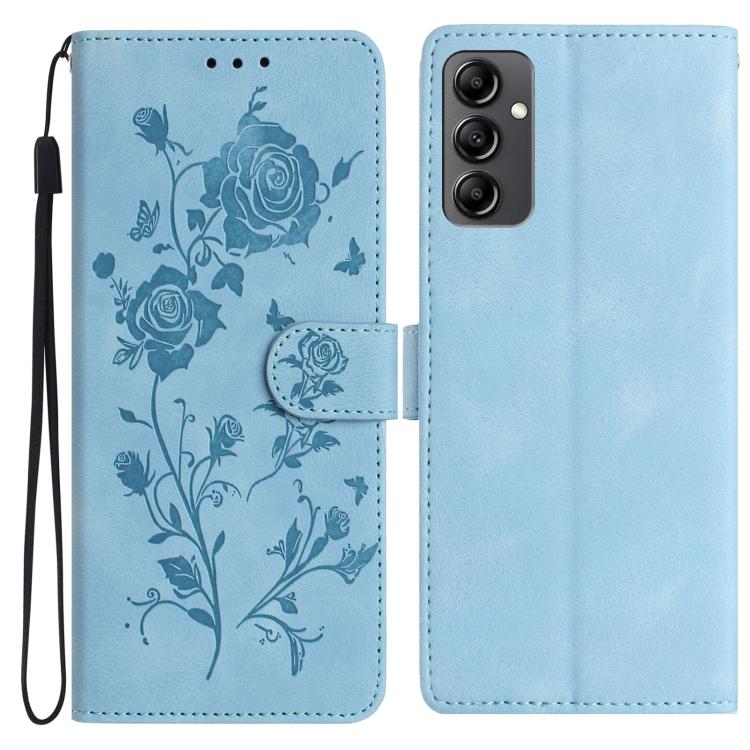 Funda de piel con estampado floral en relieve para Samsung Galaxy A14 (azul cielo)