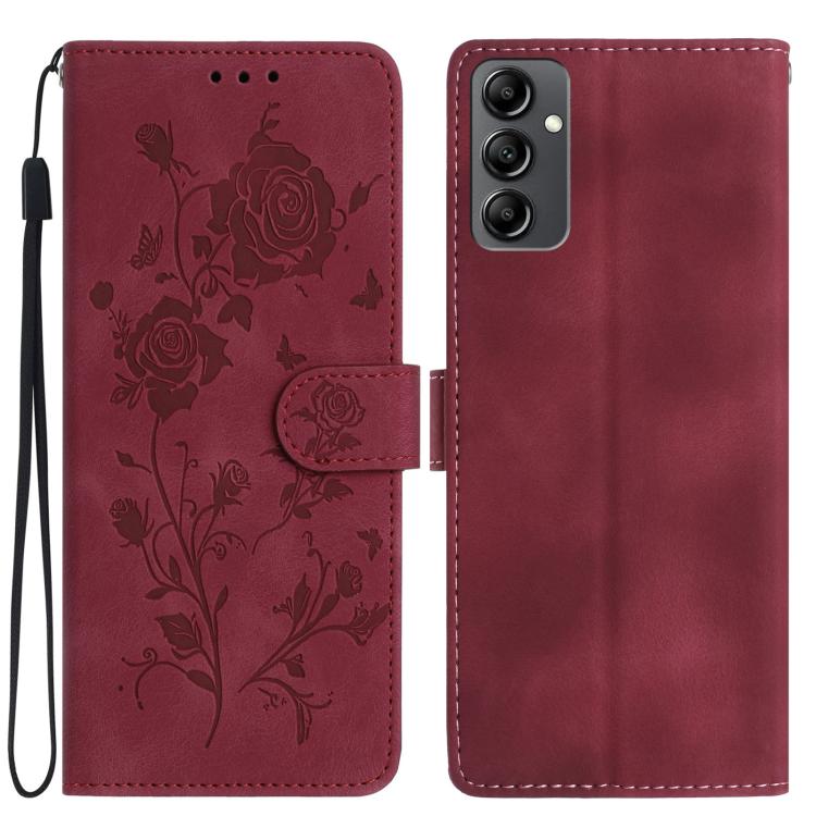 Funda de piel con estampado floral en relieve para Samsung Galaxy A14 (roja)