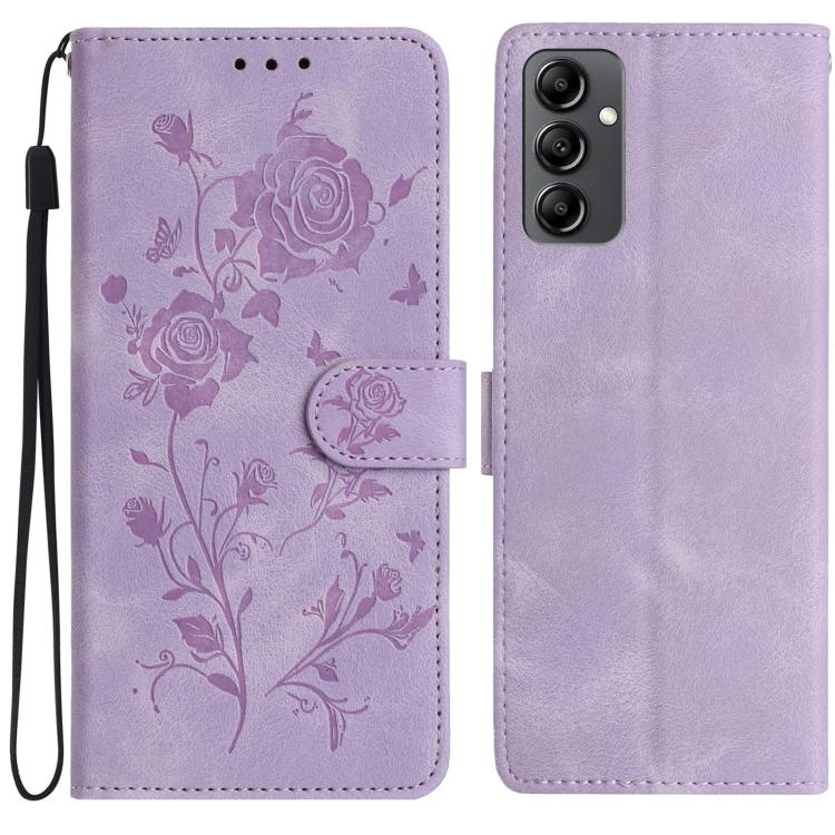 Funda de piel con estampado de rosas en relieve para Samsung Galaxy A14 (morado claro)