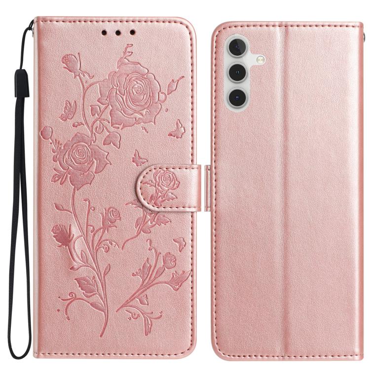 Funda de cuero con estampado floral en relieve para Samsung Galaxy A16 (oro rosa)