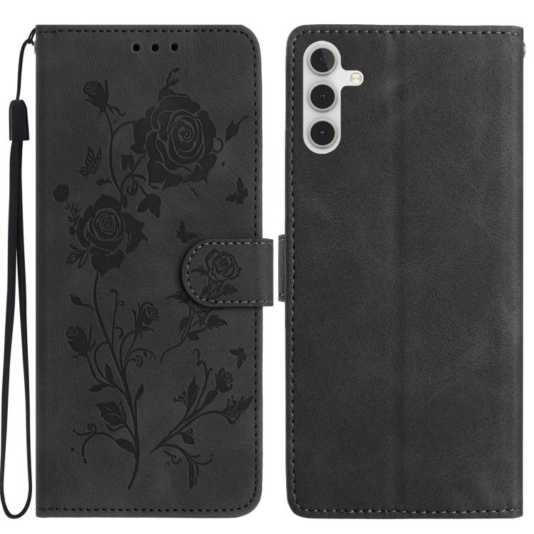 Funda de cuero con estampado de rosas en relieve para Samsung Galaxy A17 (negra)