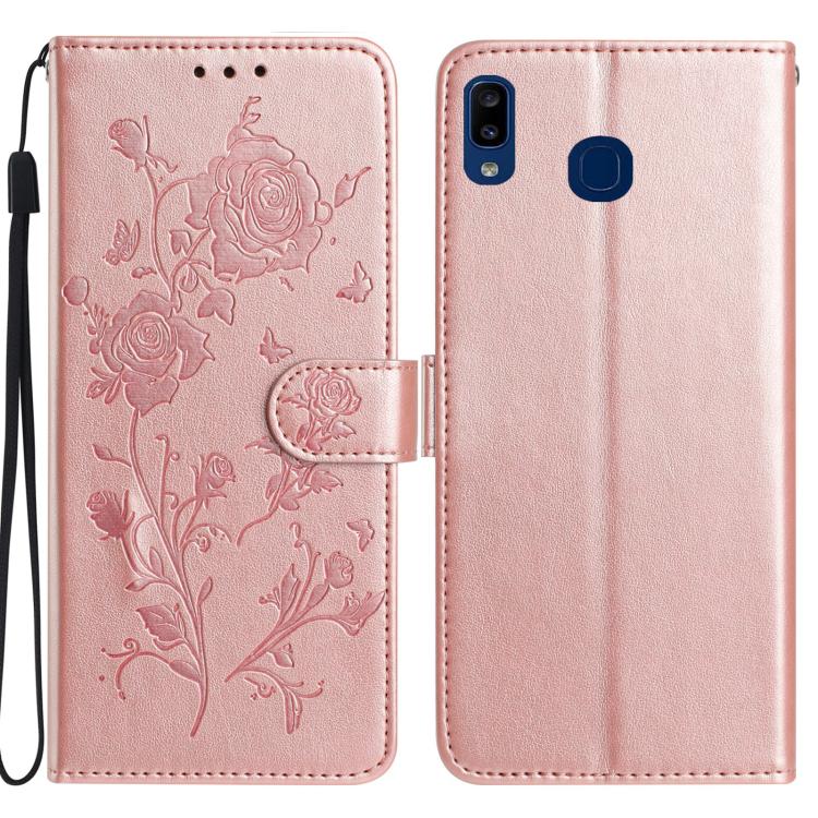 Funda de piel con estampado floral en relieve para Samsung Galaxy A20/A30 (oro rosa)