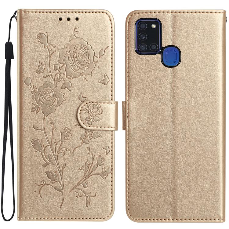 Funda de cuero con estampado de rosas en relieve para Samsung Galaxy A21S (dorada)