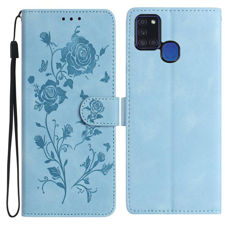 Funda de piel con estampado floral en relieve para Samsung Galaxy A21S (azul cielo)