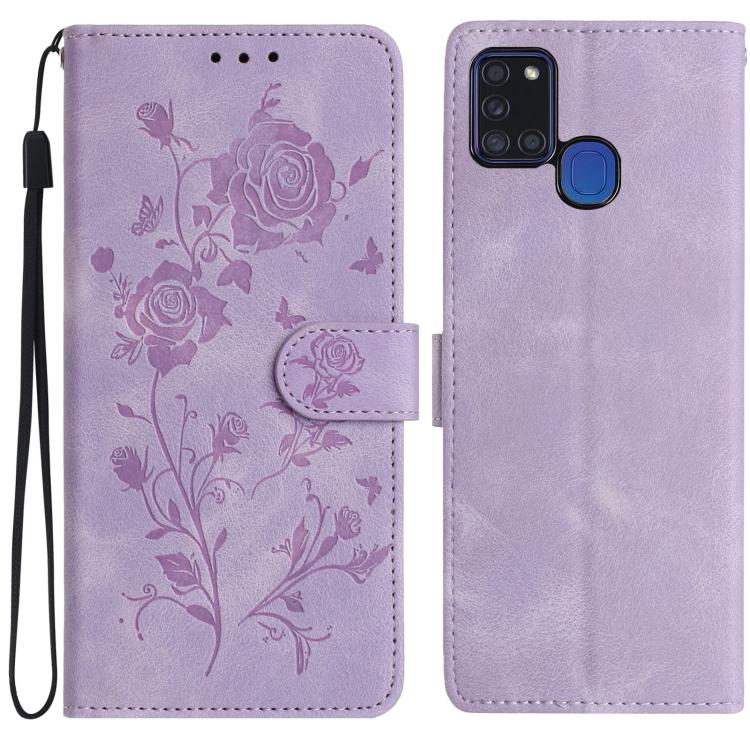 Funda de piel con estampado de rosas en relieve para Samsung Galaxy A21S (morado claro)
