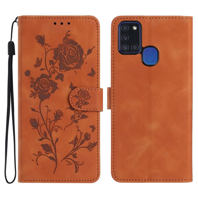 Funda de cuero con estampado de rosas en relieve para Samsung Galaxy A21S (marrón)