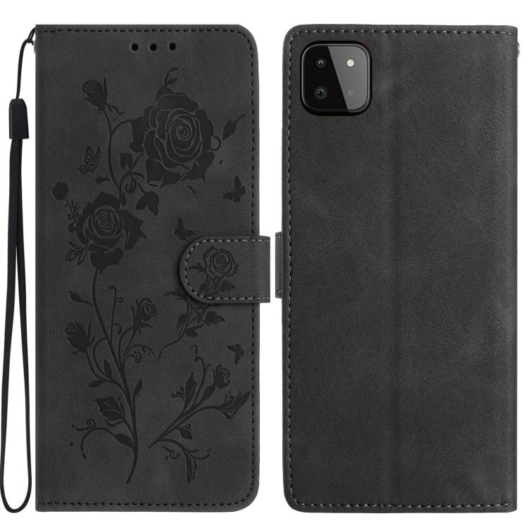 Funda de cuero con estampado floral en relieve para Samsung Galaxy A22 5G (negra)