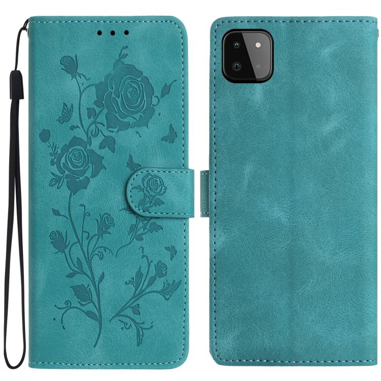 Funda de piel con estampado floral en relieve para Samsung Galaxy A22 5G (verde)