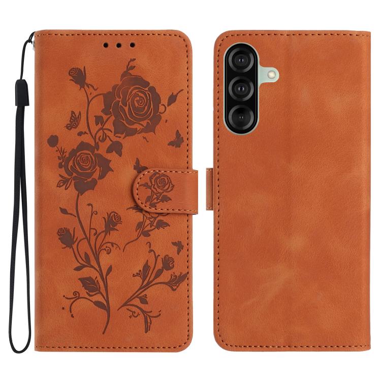 Funda de cuero con estampado de rosas en relieve para Samsung Galaxy A26 (marrón)