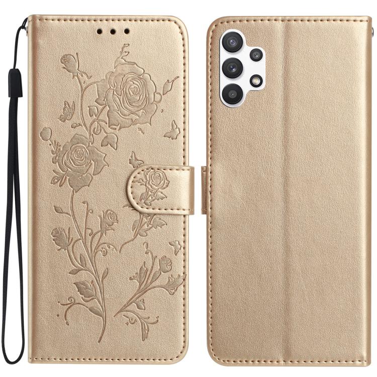 Funda de cuero con estampado floral en relieve para Samsung Galaxy A32 5G (dorada)