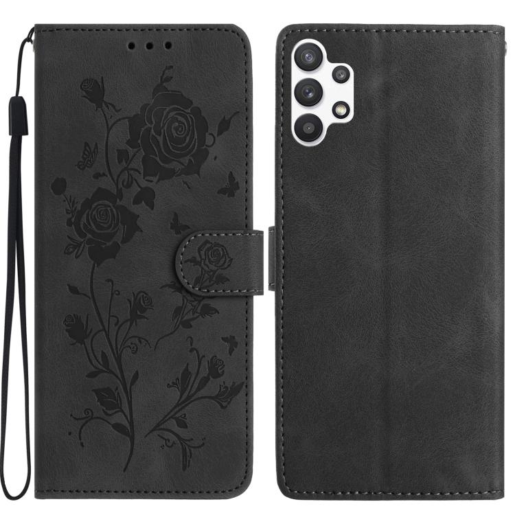Funda de cuero con estampado floral en relieve para Samsung Galaxy A32 5G (negra)