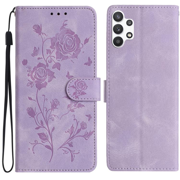 Funda de cuero con estampado floral en relieve para Samsung Galaxy A32 5G (morado claro)