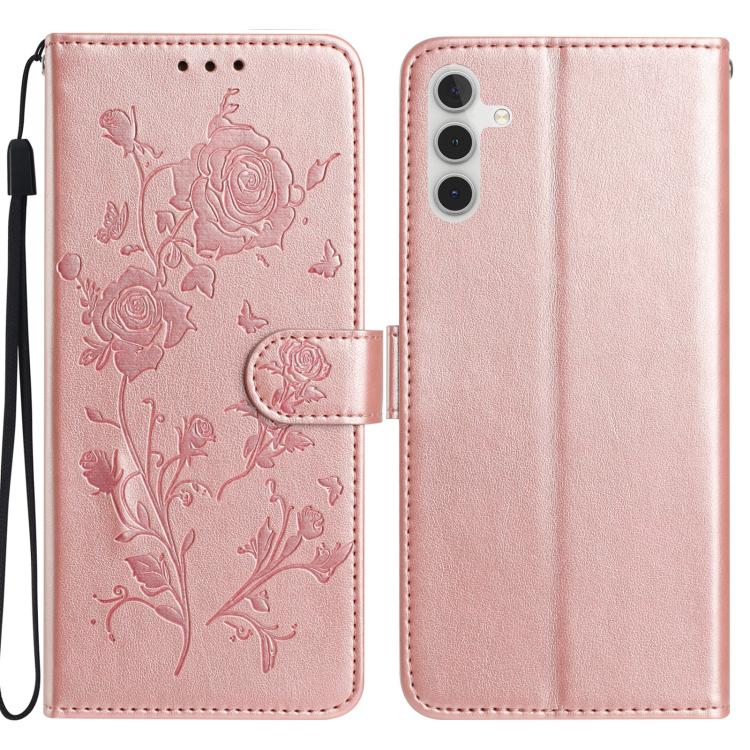 Funda de cuero con estampado floral en relieve para Samsung Galaxy A35 (oro rosa)