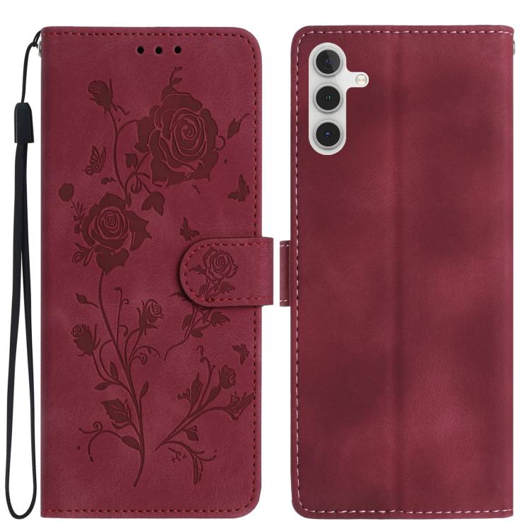 Funda de cuero con estampado de rosas en relieve para Samsung Galaxy A35 (roja)