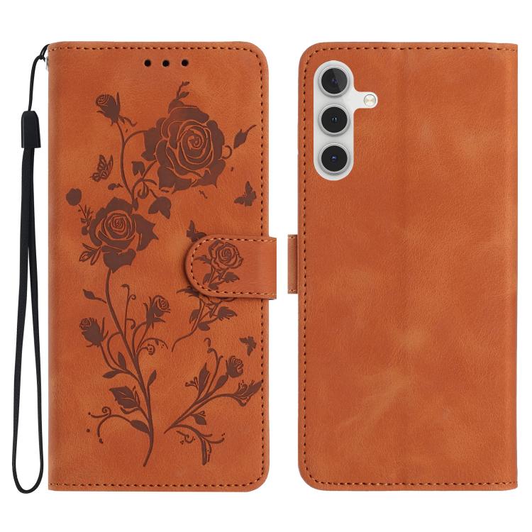 Funda de cuero con estampado de rosas en relieve para Samsung Galaxy A35 (marrón)