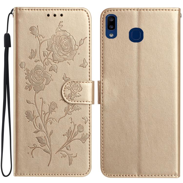 Funda de cuero con estampado de rosas en relieve para Samsung Galaxy A40 (dorada)