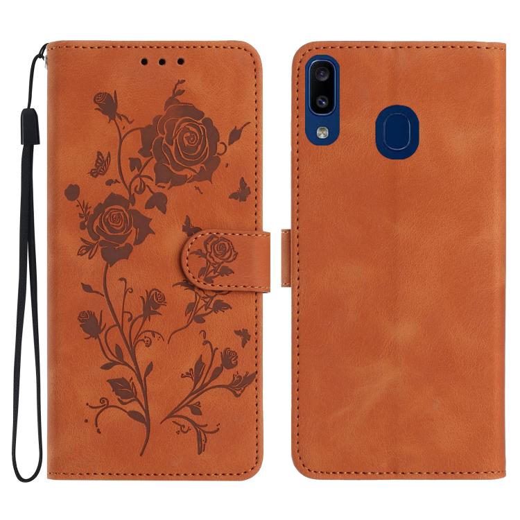 Funda de cuero con estampado de rosas en relieve para Samsung Galaxy A40 (marrón)