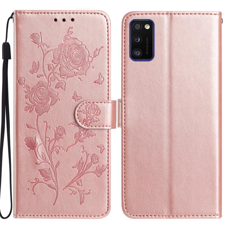 Funda de piel con estampado floral en relieve para Samsung Galaxy A41 (oro rosa)