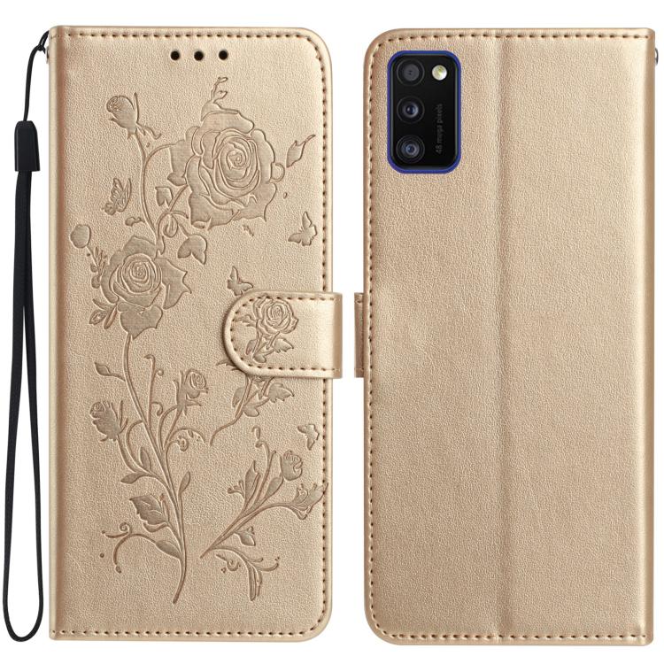 Funda de piel con estampado de rosas en relieve para Samsung Galaxy A41 (dorada)