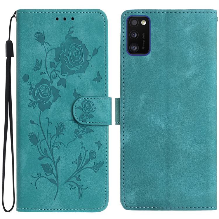 Funda de piel con estampado de rosas en relieve para Samsung Galaxy A41 (verde)