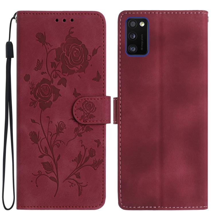Funda de piel con estampado de rosas en relieve para Samsung Galaxy A41 (roja)