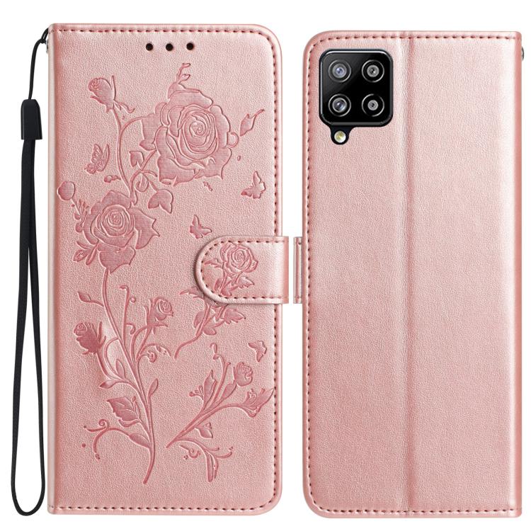 Funda de piel con estampado floral en relieve para Samsung Galaxy A42 (oro rosa)