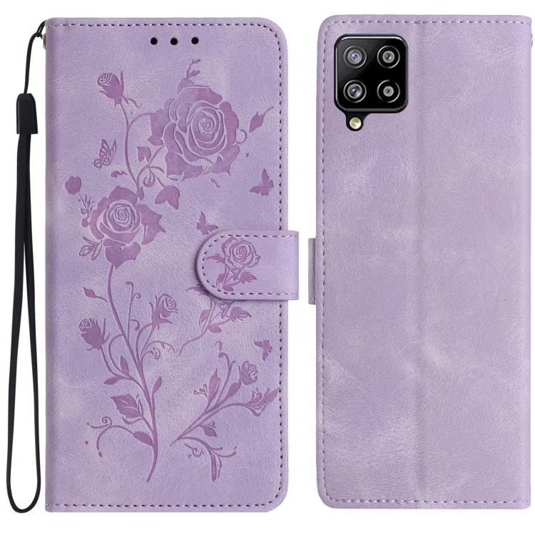 Funda de cuero con estampado de rosas en relieve para Samsung Galaxy A42 (morado claro)
