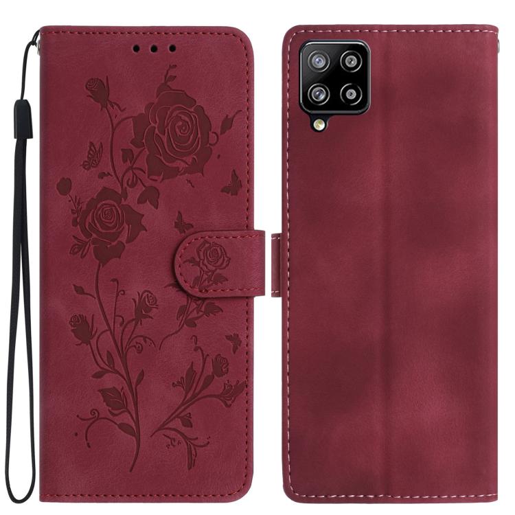 Funda de piel con estampado floral en relieve para Samsung Galaxy A42 5G (roja)