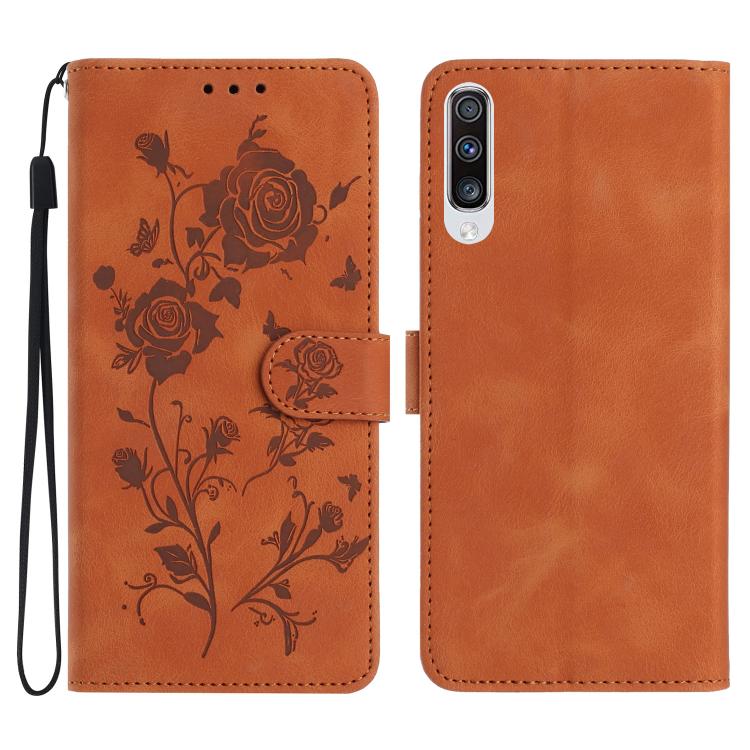 Funda de cuero con estampado de rosas en relieve para Samsung Galaxy A50 (marrón)