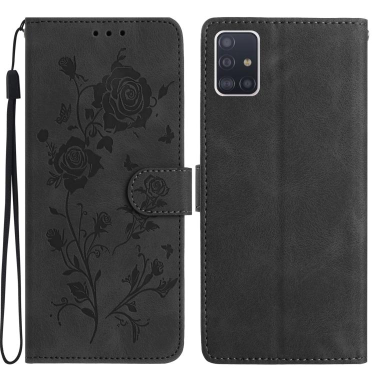 Funda de piel con estampado de rosas en relieve para Samsung Galaxy A51 (negra)