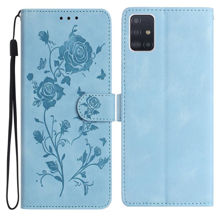 Funda de piel con estampado floral en relieve para Samsung Galaxy A51 (azul cielo)