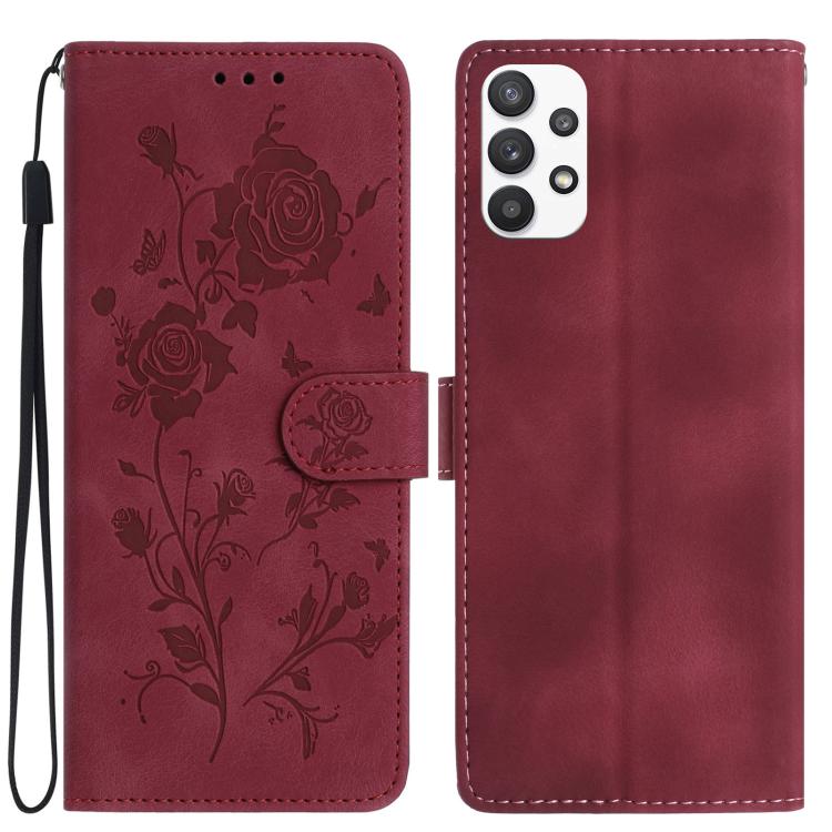 Funda de cuero con estampado de rosas en relieve para Samsung Galaxy A53 (roja)